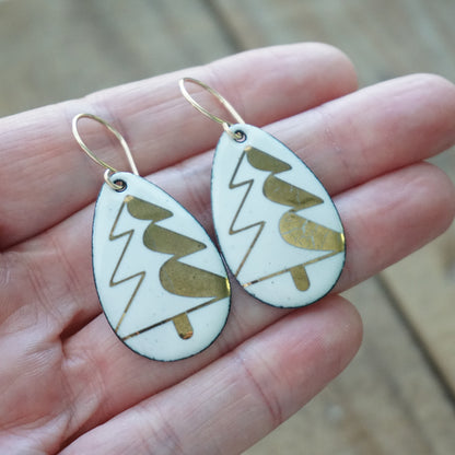 Gold Christmas Trees on White Enamel Teardrop Earrings