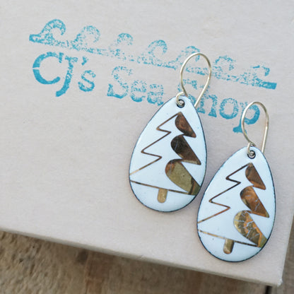 Gold Christmas Trees on White Enamel Teardrop Earrings