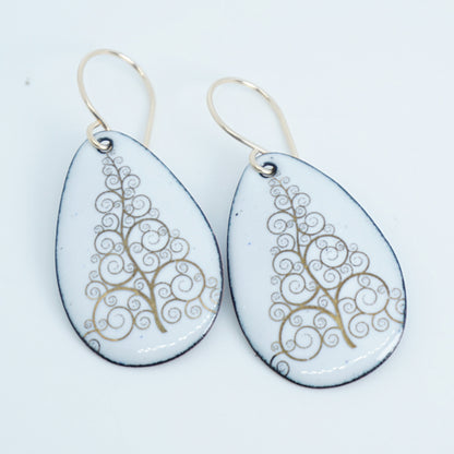 Gold Christmas Trees on White Enamel Teardrop Earrings