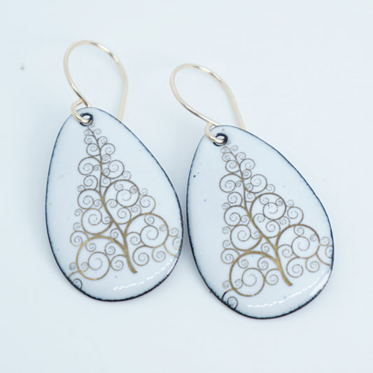 Gold Christmas Trees on White Enamel Teardrop Earrings