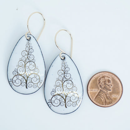 Gold Christmas Trees on White Enamel Teardrop Earrings