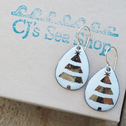 Gold Christmas Trees on White Enamel Teardrop Earrings