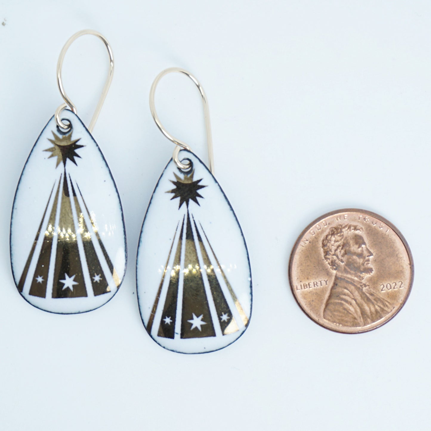 Gold Christmas Trees on White Enamel Teardrop Earrings