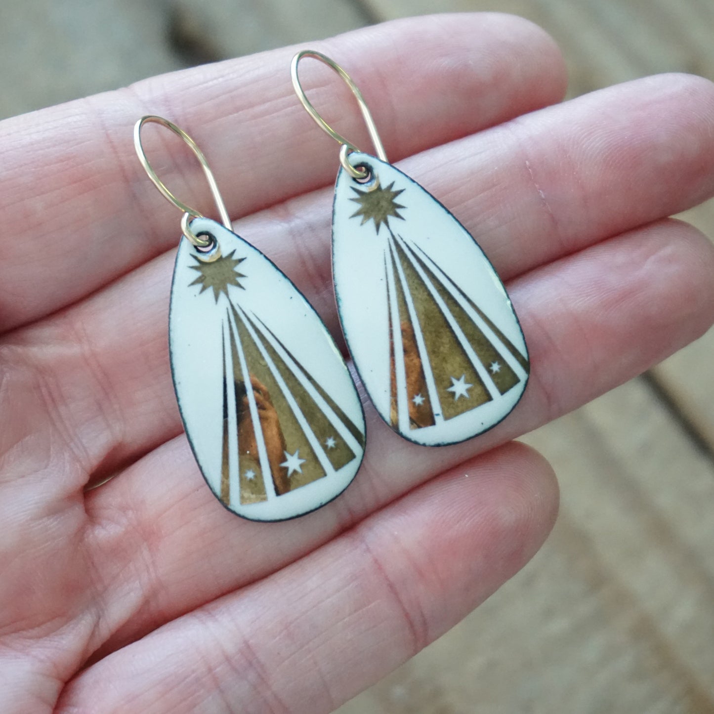 Gold Christmas Trees on White Enamel Teardrop Earrings