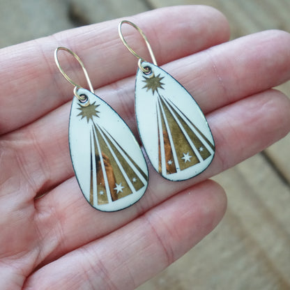 Gold Christmas Trees on White Enamel Teardrop Earrings
