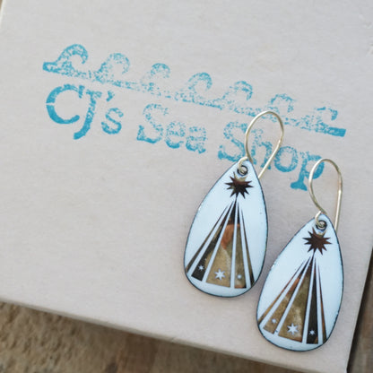 Gold Christmas Trees on White Enamel Teardrop Earrings
