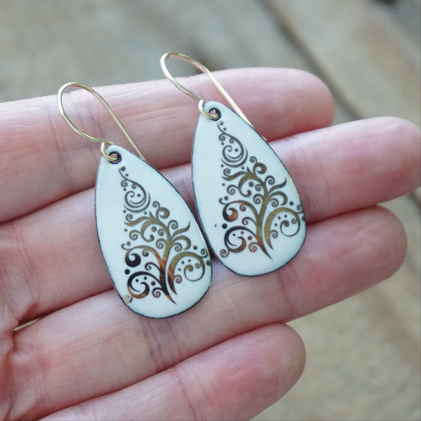 Gold Christmas Trees on White Enamel Teardrop Earrings