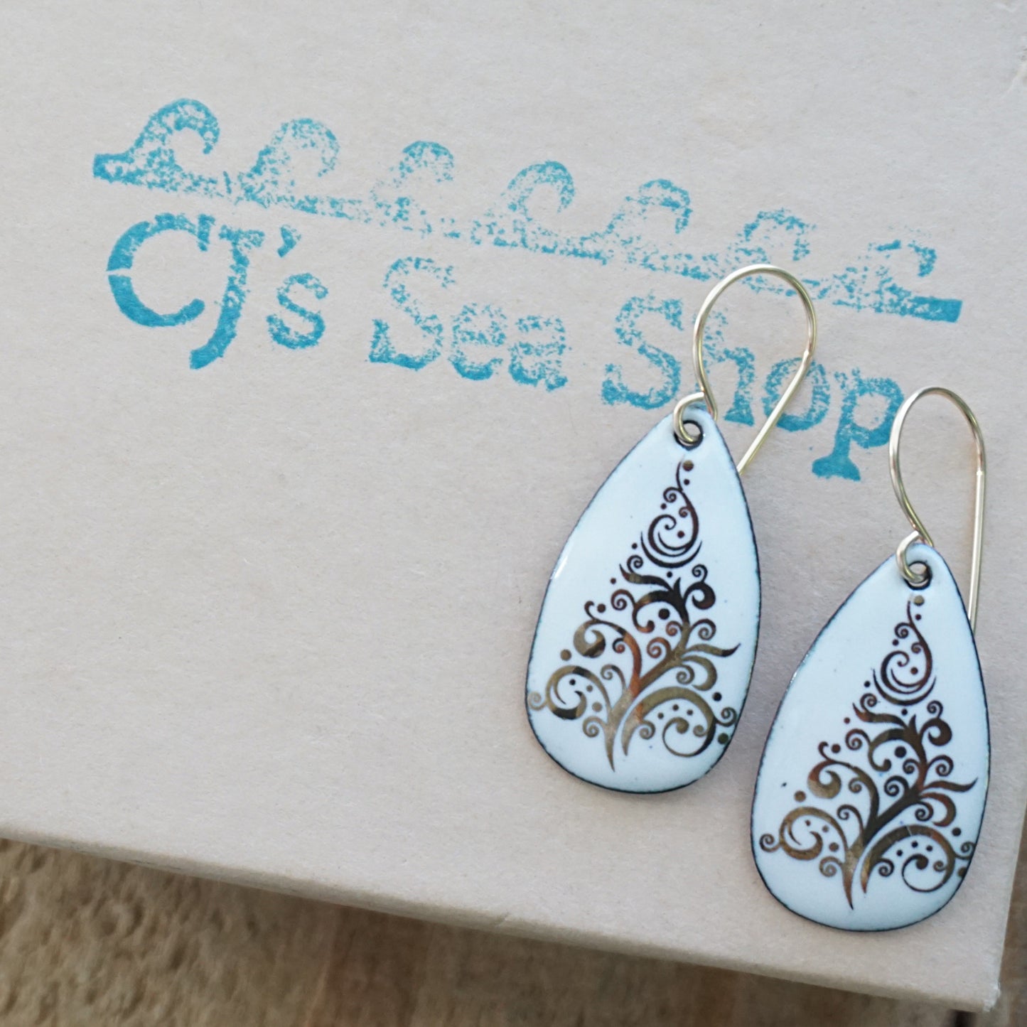 Gold Christmas Trees on White Enamel Teardrop Earrings