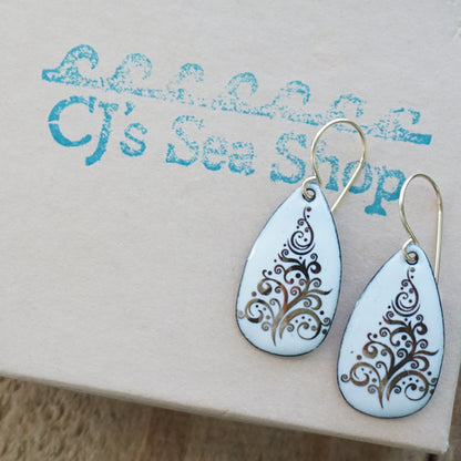 Gold Christmas Trees on White Enamel Teardrop Earrings