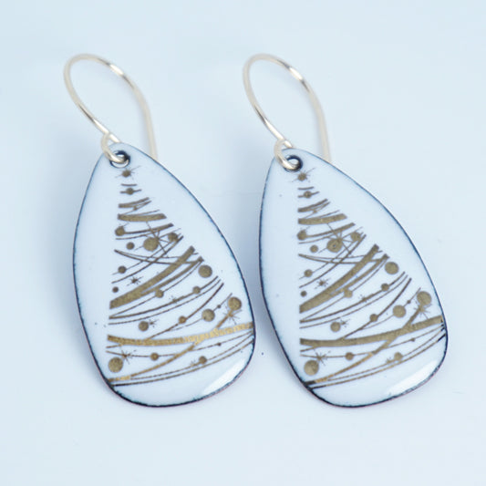 Gold Christmas Trees on White Enamel Teardrop Earrings