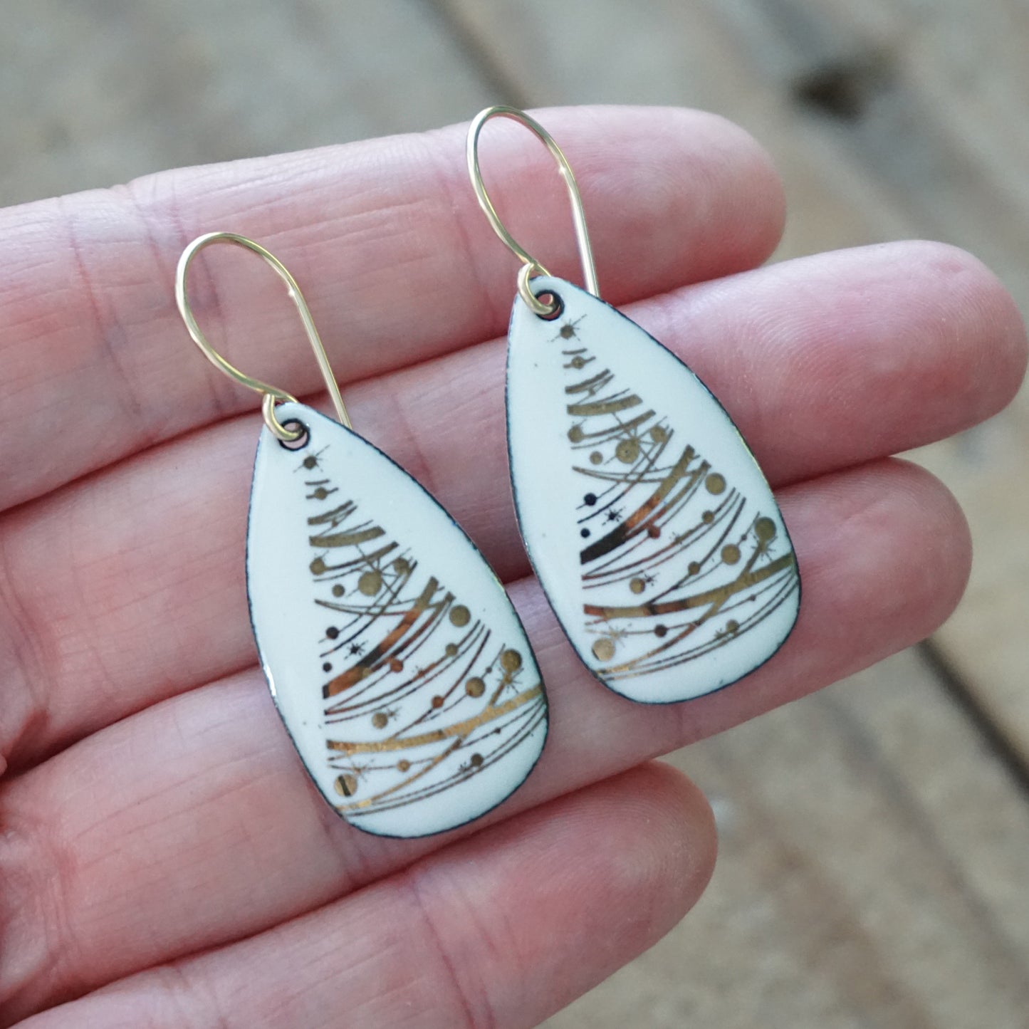 Gold Christmas Trees on White Enamel Teardrop Earrings