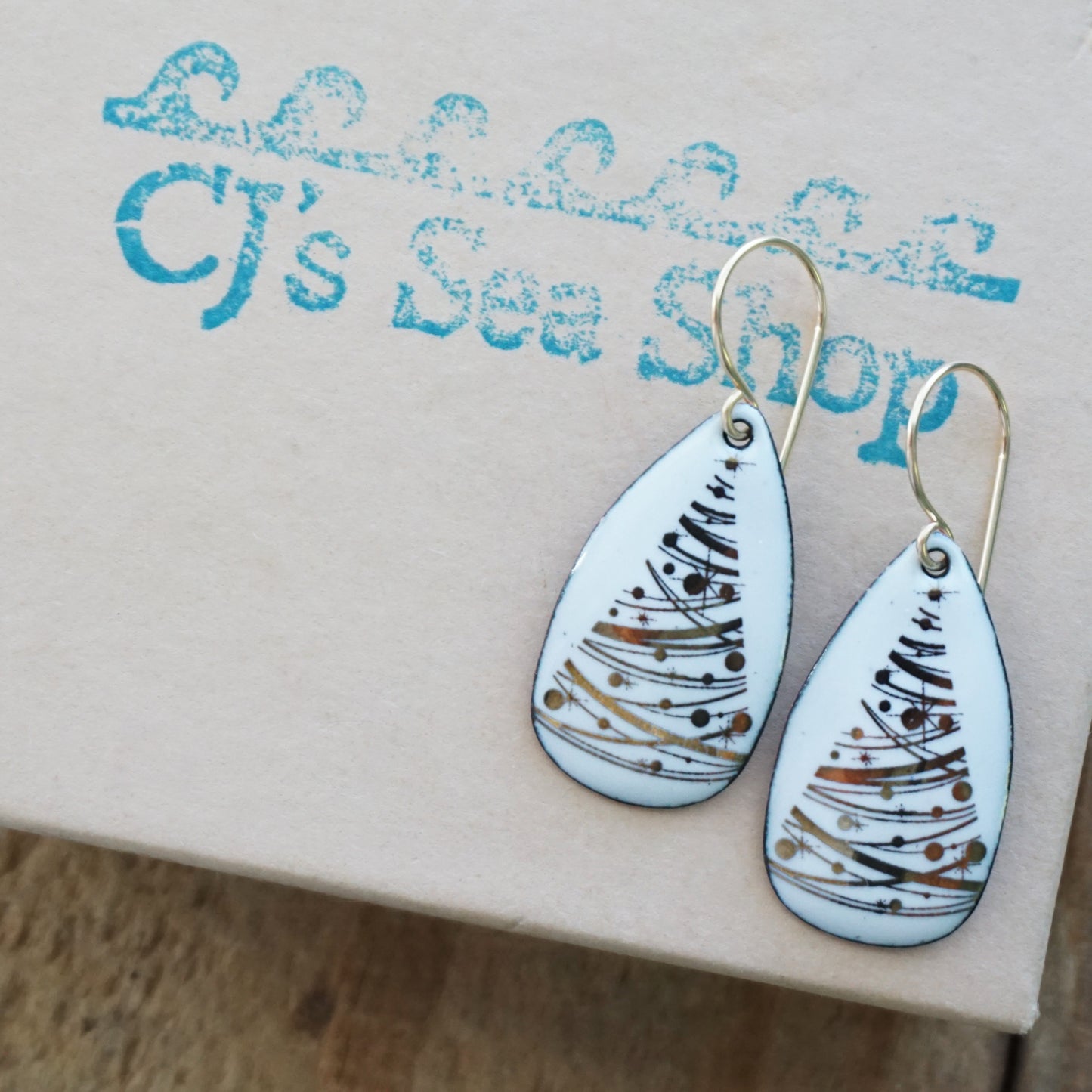 Gold Christmas Trees on White Enamel Teardrop Earrings