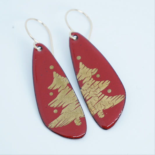 Gold Christmas Trees on Red Enamel Teardrop Earrings