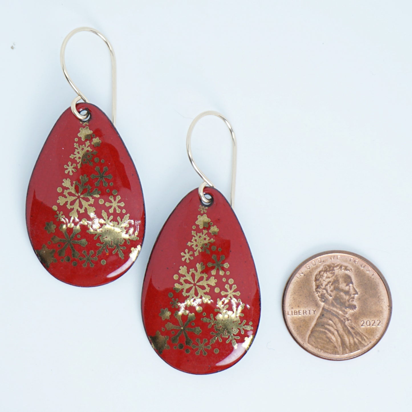 Gold Christmas Trees on Red Enamel Teardrop Earrings