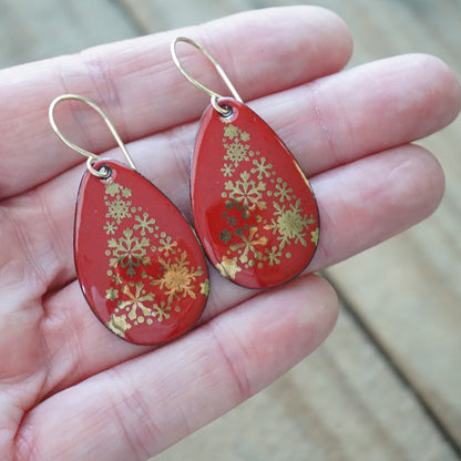 Gold Christmas Trees on Red Enamel Teardrop Earrings