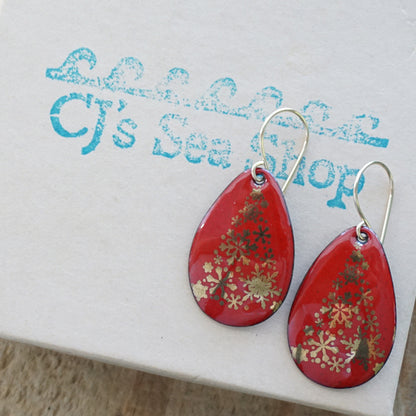 Gold Christmas Trees on Red Enamel Teardrop Earrings