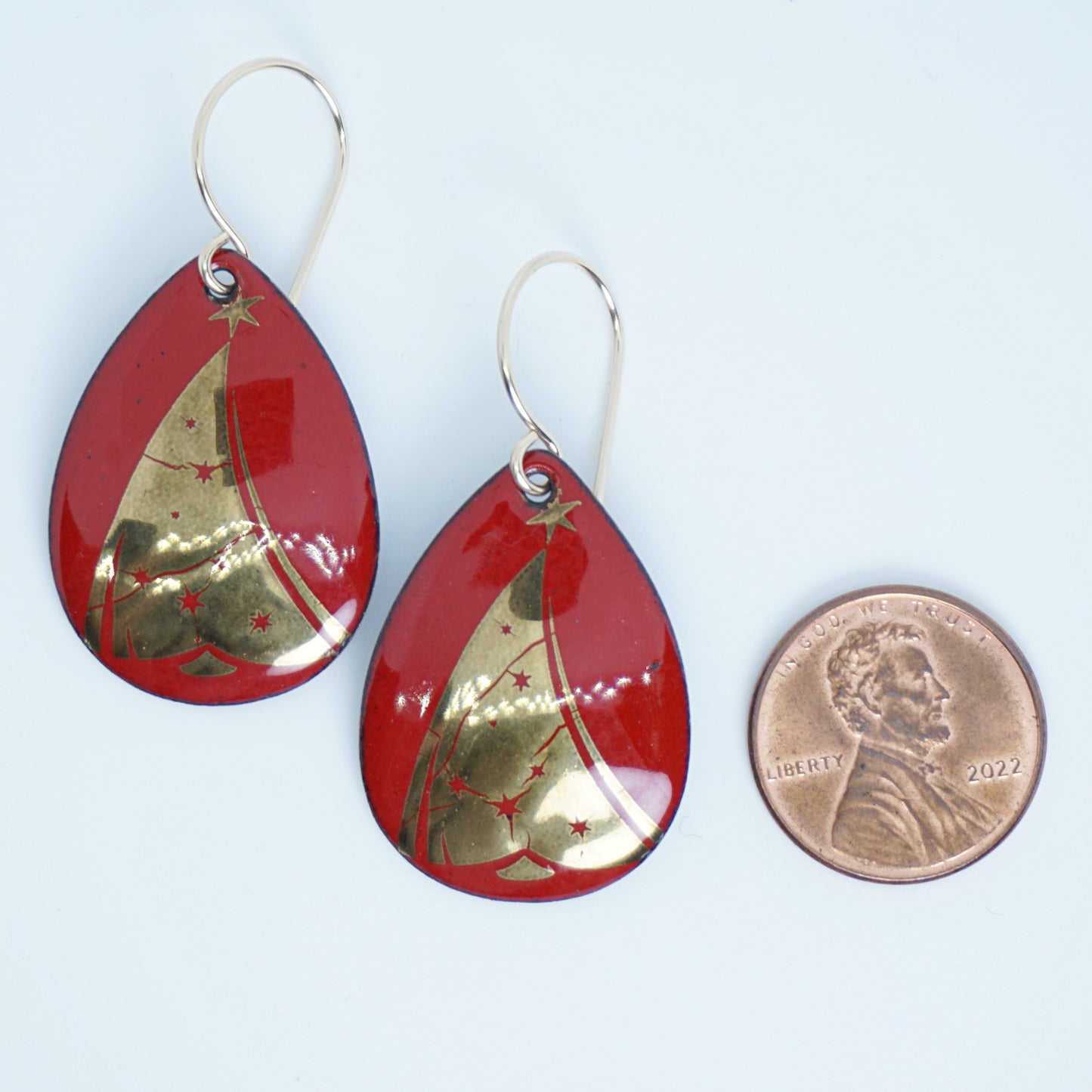 Gold Christmas Trees on Red Enamel Teardrop Earrings