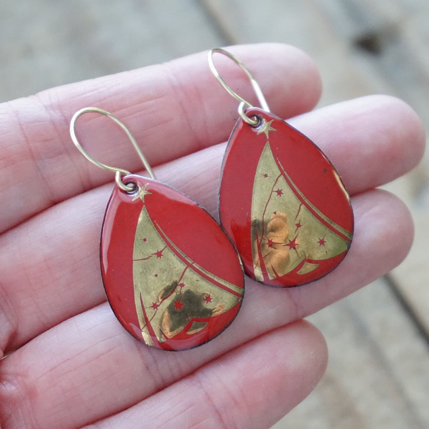 Gold Christmas Trees on Red Enamel Teardrop Earrings