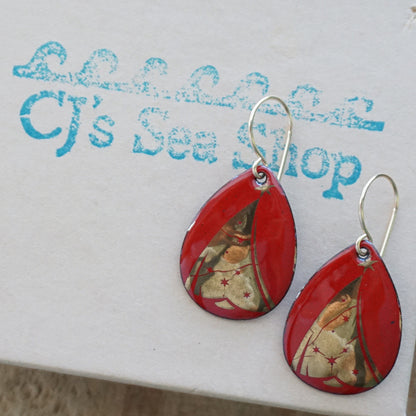 Gold Christmas Trees on Red Enamel Teardrop Earrings