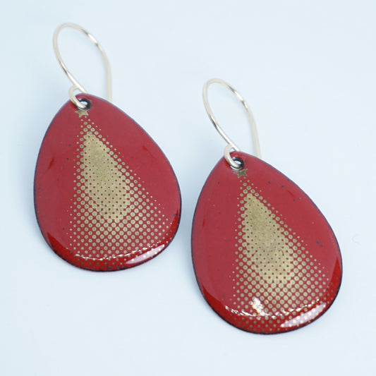 Gold Christmas Trees on Red Enamel Teardrop Earrings