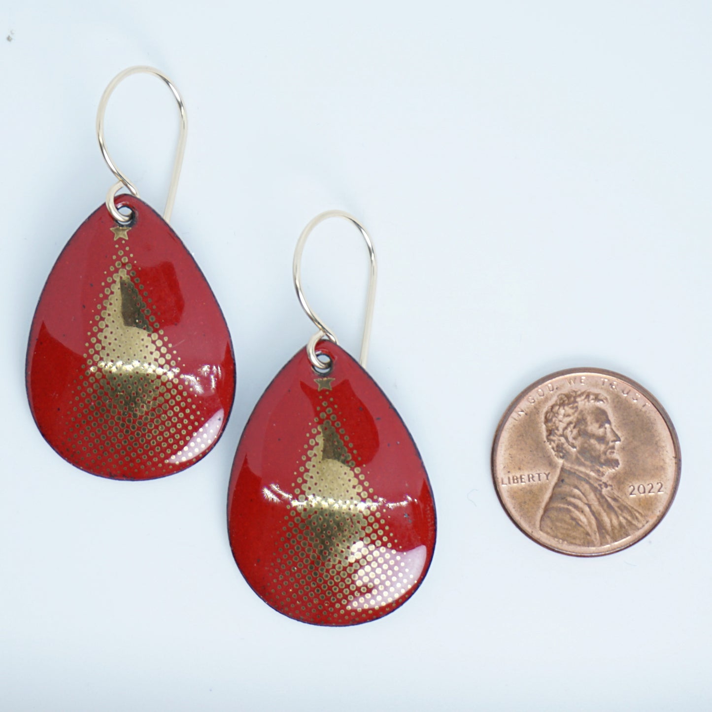 Gold Christmas Trees on Red Enamel Teardrop Earrings