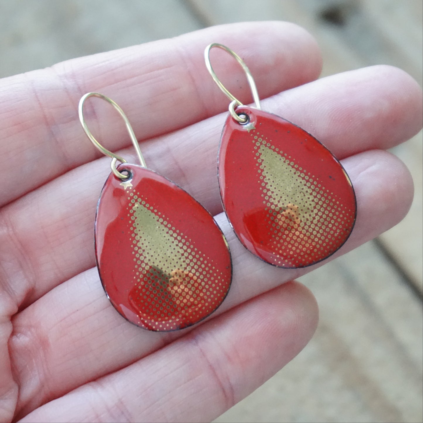 Gold Christmas Trees on Red Enamel Teardrop Earrings