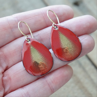 Gold Christmas Trees on Red Enamel Teardrop Earrings