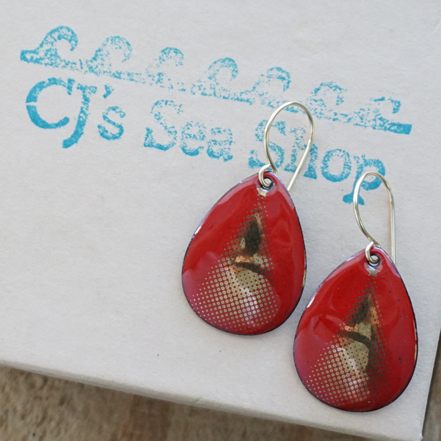Gold Christmas Trees on Red Enamel Teardrop Earrings