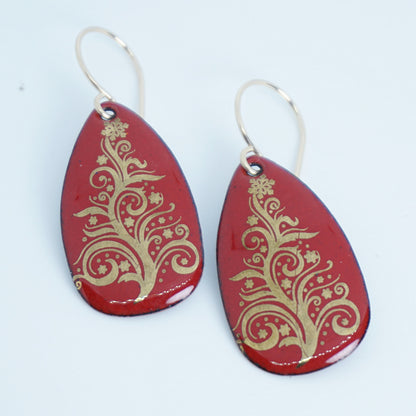 Gold Christmas Trees on Red Enamel Teardrop Earrings