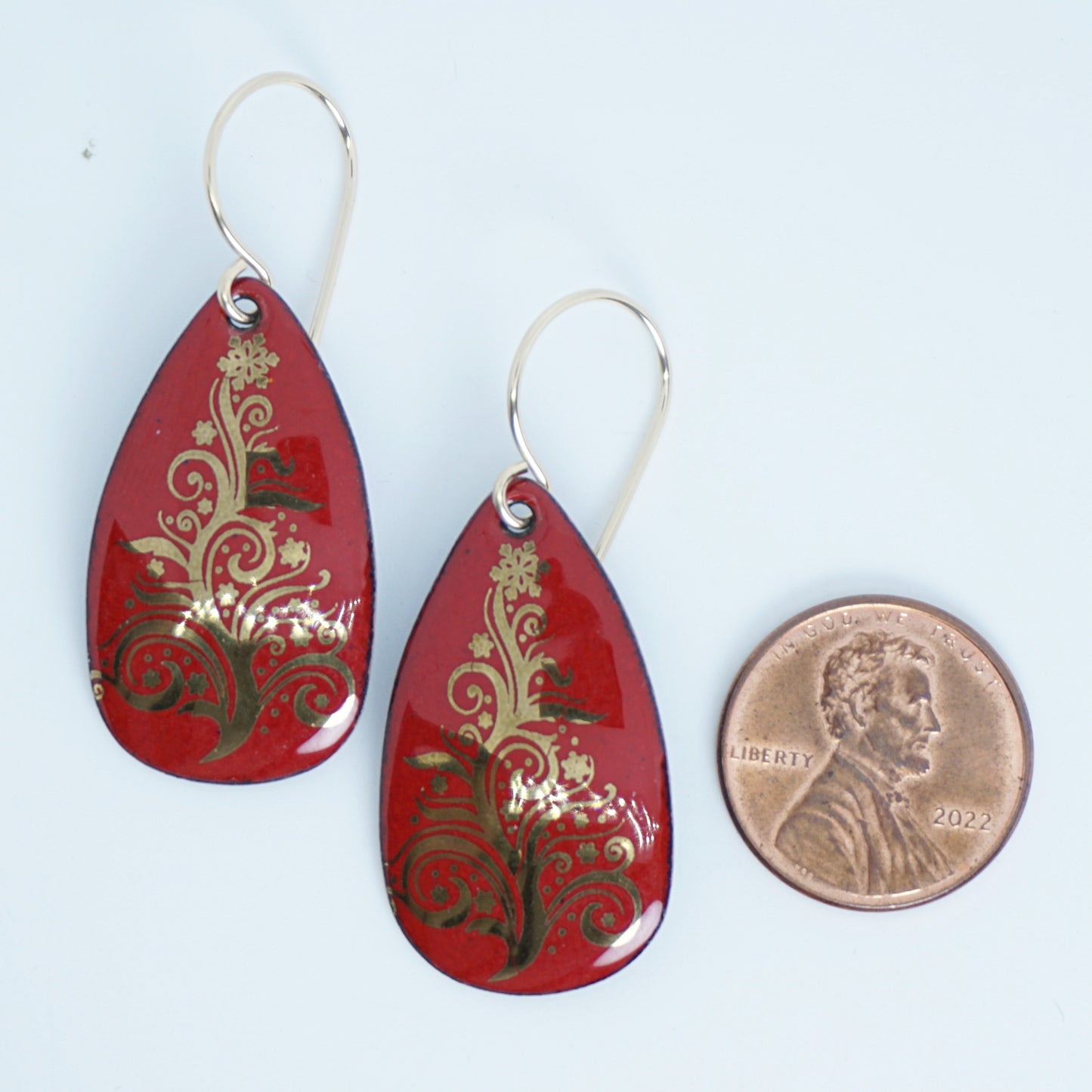 Gold Christmas Trees on Red Enamel Teardrop Earrings