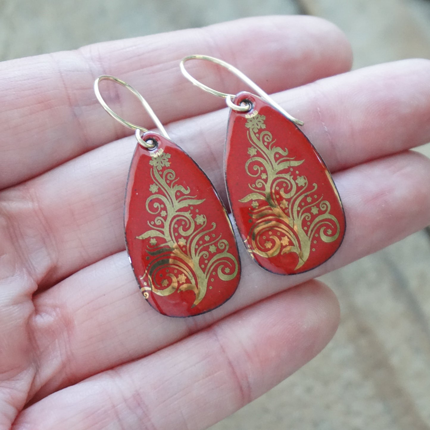 Gold Christmas Trees on Red Enamel Teardrop Earrings