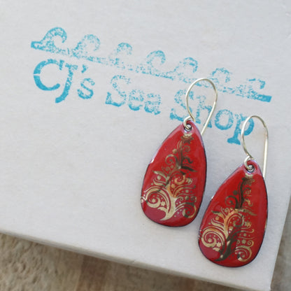 Gold Christmas Trees on Red Enamel Teardrop Earrings