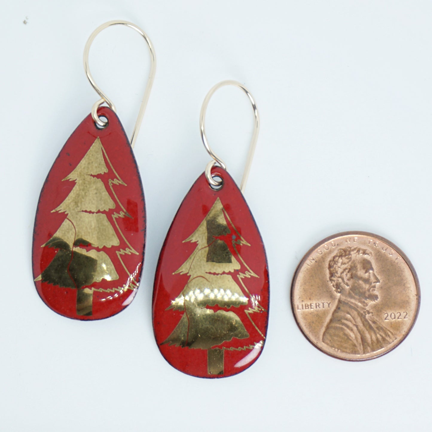 Gold Christmas Trees on Red Enamel Teardrop Earrings