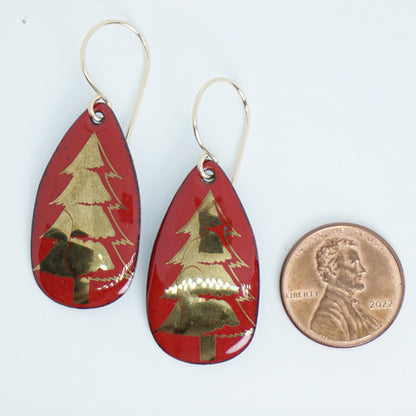 Gold Christmas Trees on Red Enamel Teardrop Earrings