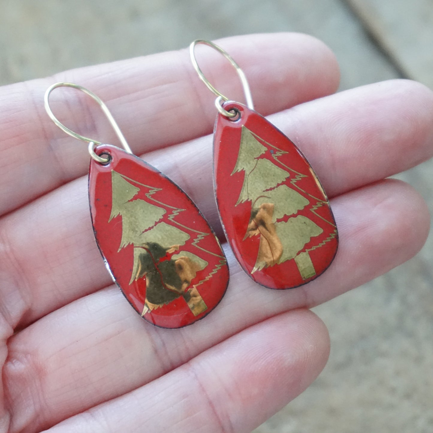 Gold Christmas Trees on Red Enamel Teardrop Earrings