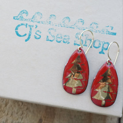 Gold Christmas Trees on Red Enamel Teardrop Earrings