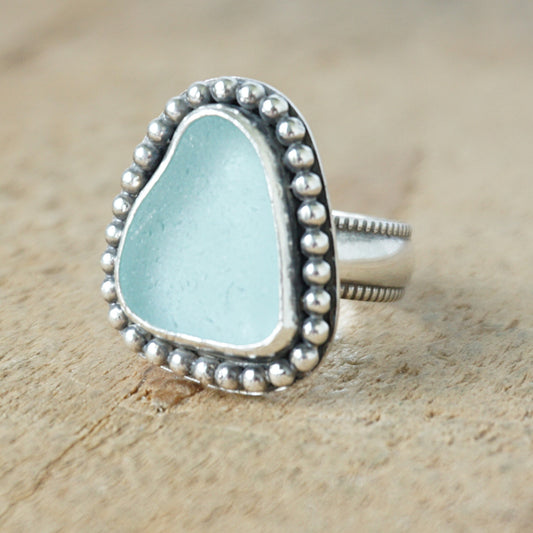 Size 7 1/2 Soft Aqua Blue Sea Glass Statement Ring
