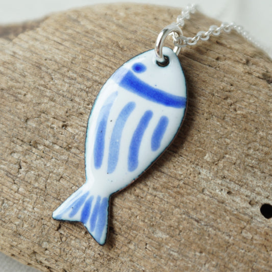 White and Blue Enamel Fish Necklace