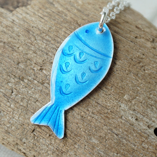 Blue Enamel Fish Necklace
