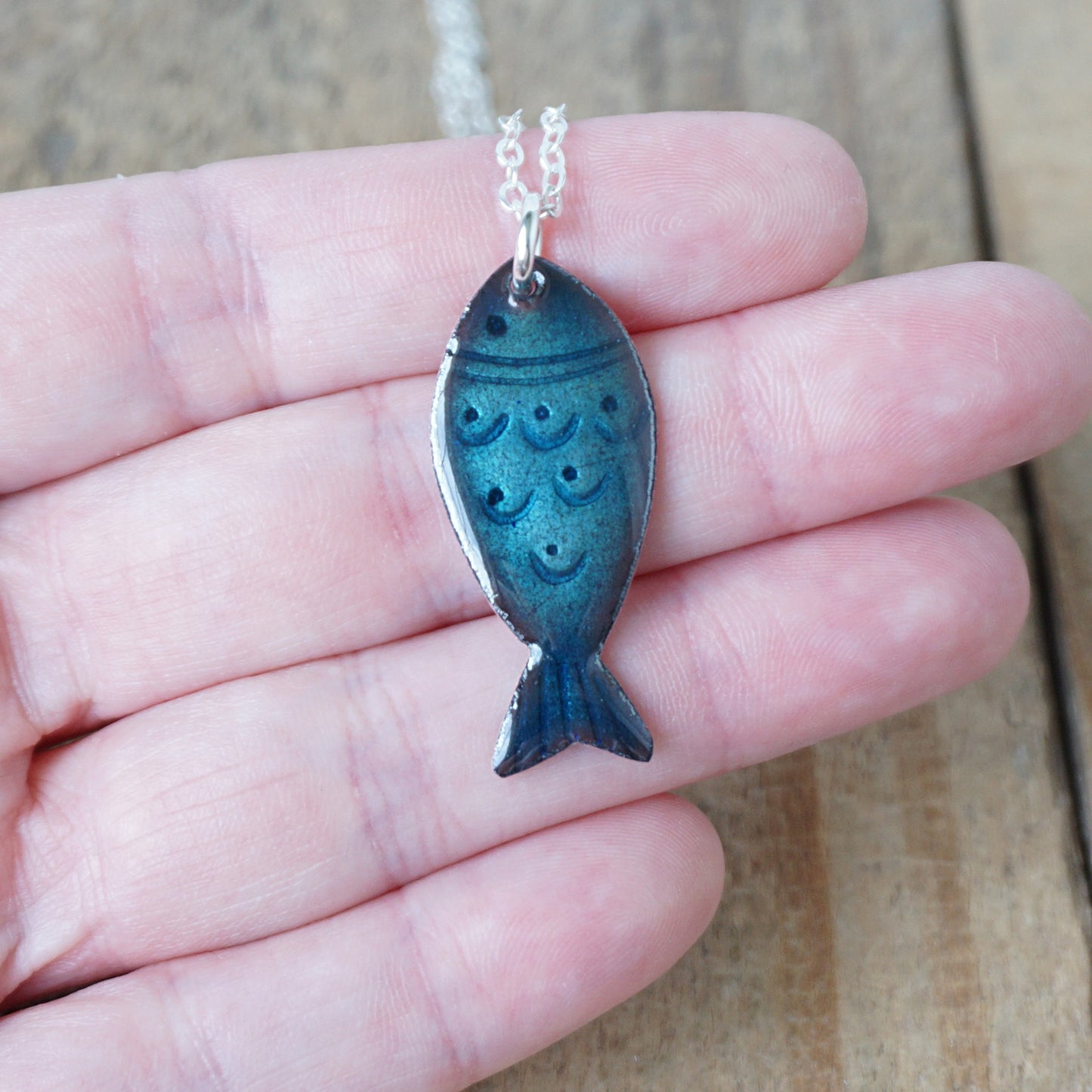 Metallic Blue Enamel Fish Necklace