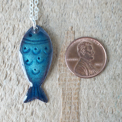 Metallic Blue Enamel Fish Necklace