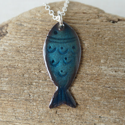 Metallic Blue Enamel Fish Necklace