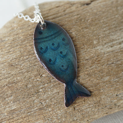 Metallic Blue Enamel Fish Necklace