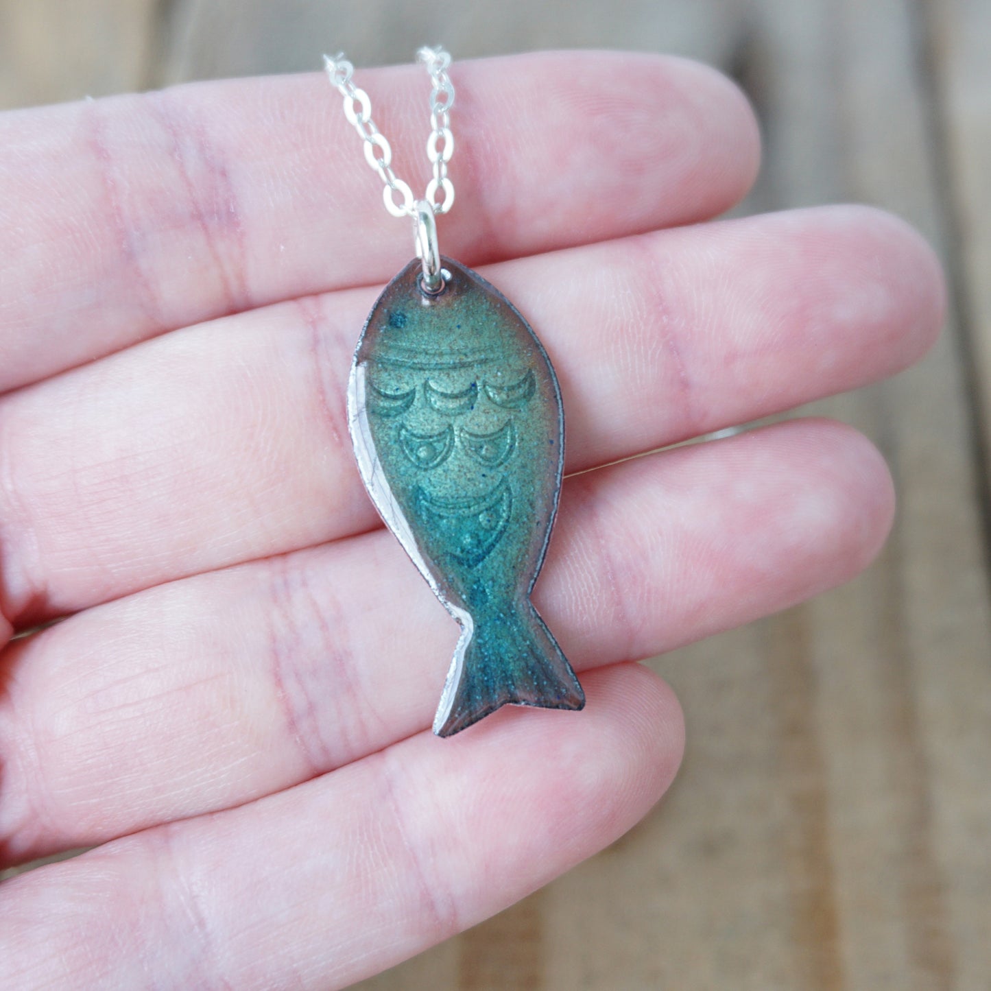 Metallic Teal Green Enamel Fish Necklace