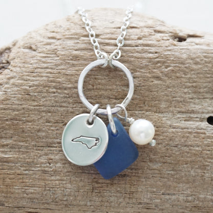 Hand Stamped North Carolina Charm Necklace with Sea Glass and Freshwater Pearl
