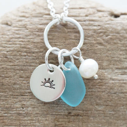 Hand Stamped Sunrise/Sunset Charm Necklace with Sea Glass and Freshwater Pearl