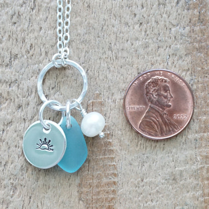 Hand Stamped Sunrise/Sunset Charm Necklace with Sea Glass and Freshwater Pearl