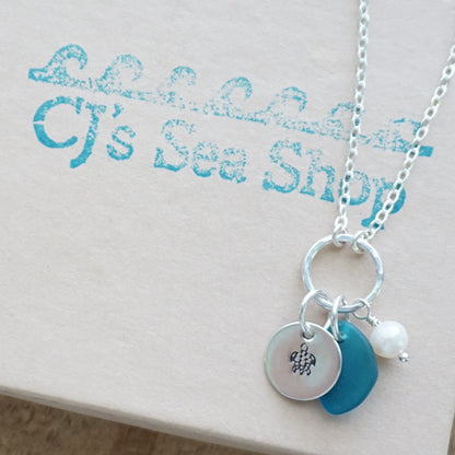 Hand Stamped Turtle Charm Necklace with Sea Glass and Freshwater Pearl