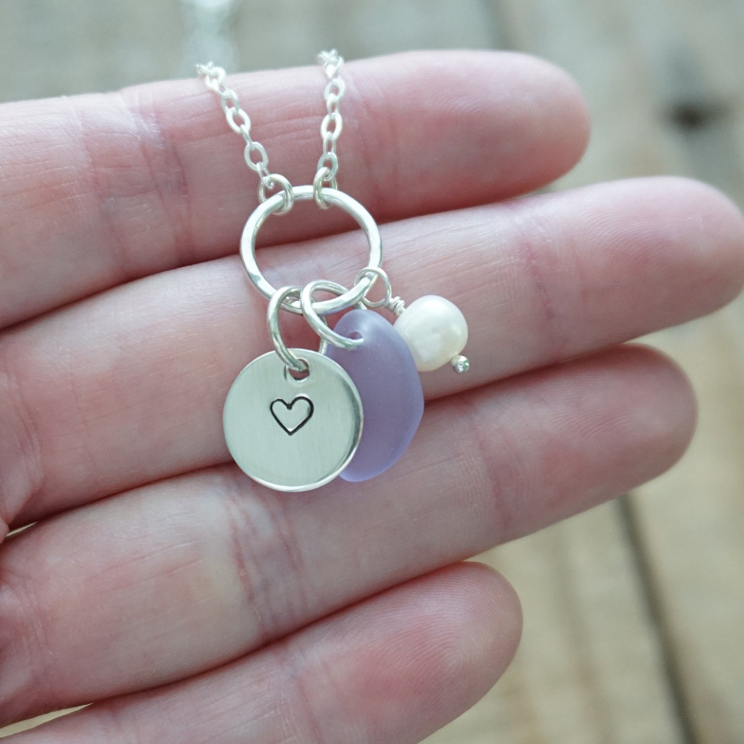Hand Stamped Heart Charm Necklace with Sea Glass and Freshwater Pearl