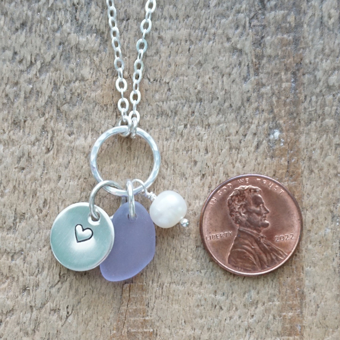 Hand Stamped Heart Charm Necklace with Sea Glass and Freshwater Pearl